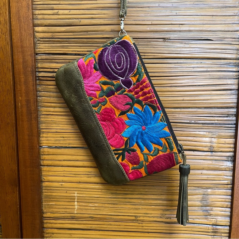 Gorgeous DC Guatemalan handmade handbag leather with colorful huipil purse